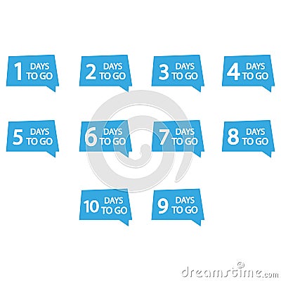 Countdown numbers set. Ten blue speech bubbles. Days to go text. Vector countdown icons. Vector Illustration