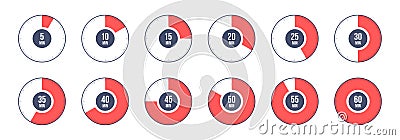 Countdown timer, clock, stopwatch vector icons set. Full rotation arrow timer. 5 minute to 1 hours stopwatches Vector Illustration