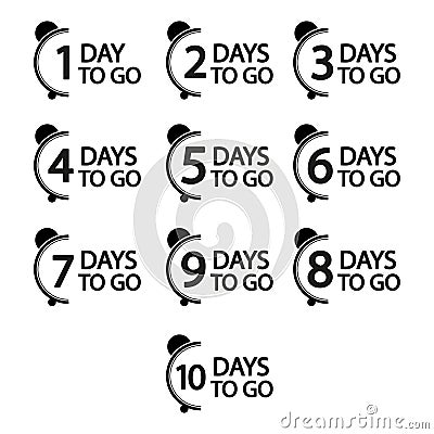Countdown timer collection. Number one to ten. Bold days to go text. Minimalist black design. Vector Illustration