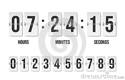 Countdown timer. Mechanical analog flip clock with number indicator, retro automatic date hour minutes counter timetable Cartoon Illustration