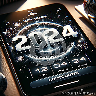 Countdown to 2024: Digital Clock Display on Device Screen Stock Photo