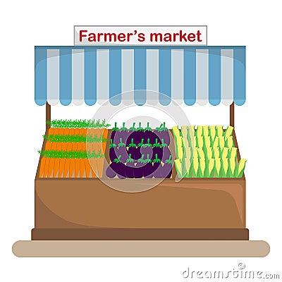 Counter with a canopy with vegetables in the farmers market Vector Illustration