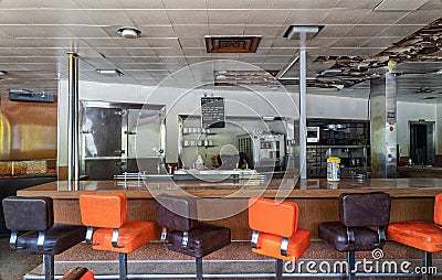 Oakridge, Oregon, USA - May 14, 2023 - The counter of the closed Sportsman's Cafe and Lounge Editorial Stock Photo