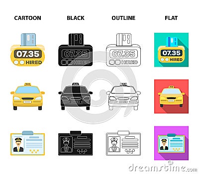 The counter of the fare in the taxi, the taxi car, the driver badge, the parking lot of the car. Taxi set collection Vector Illustration