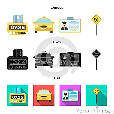 The counter of the fare in the taxi, the taxi car, the driver badge, the parking lot of the car. Taxi set collection Vector Illustration