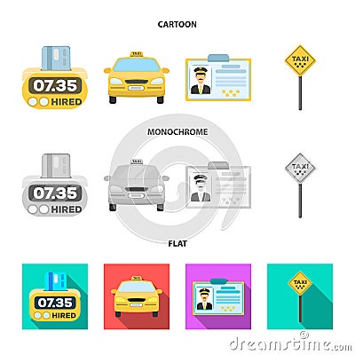 The counter of the fare in the taxi, the taxi car, the driver badge, the parking lot of the car. Taxi set collection Vector Illustration