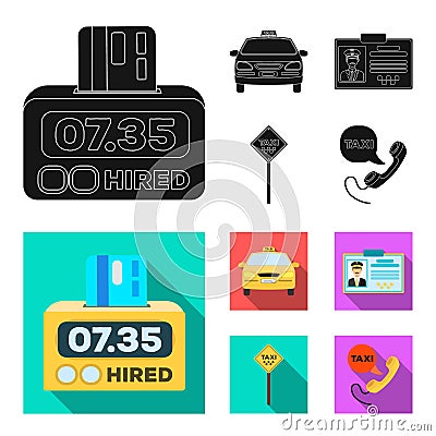 The counter of the fare in the taxi, the taxi car, the driver badge, the parking lot of the car. Taxi set collection Vector Illustration