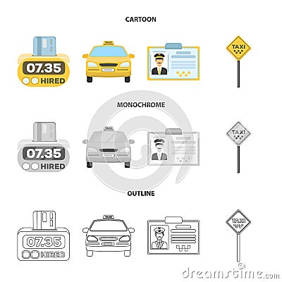 The counter of the fare in the taxi, the taxi car, the driver badge, the parking lot of the car. Taxi set collection Vector Illustration