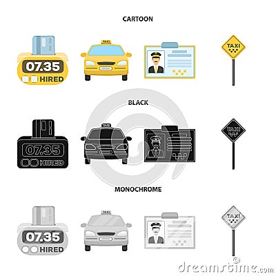 The counter of the fare in the taxi, the taxi car, the driver badge, the parking lot of the car. Taxi set collection Vector Illustration