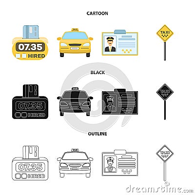 The counter of the fare in the taxi, the taxi car, the driver badge, the parking lot of the car. Taxi set collection Vector Illustration