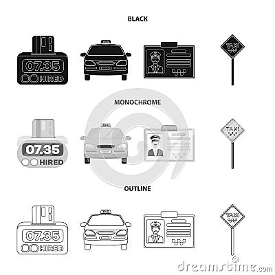 The counter of the fare in the taxi, the taxi car, the driver badge, the parking lot of the car. Taxi set collection Vector Illustration