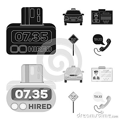 The counter of the fare in the taxi, the taxi car, the driver badge, the parking lot of the car. Taxi set collection Vector Illustration