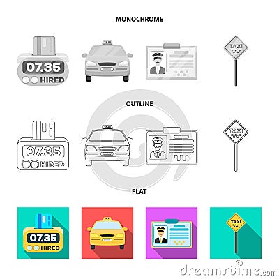 The counter of the fare in the taxi, the taxi car, the driver badge, the parking lot of the car. Taxi set collection Vector Illustration