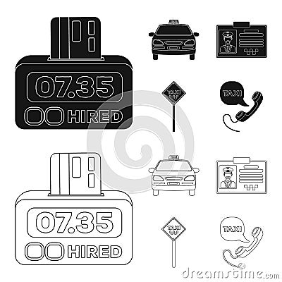 The counter of the fare in the taxi, the taxi car, the driver badge, the parking lot of the car. Taxi set collection Vector Illustration