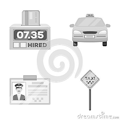 The counter of the fare in the taxi, the taxi car, the driver`s badge, the parking lot of the car. Taxi set collection Vector Illustration