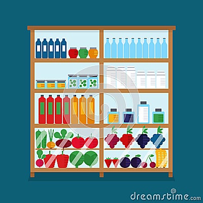 Counter with food in magazine. Supermarket interior design. Market vector flat illustration. Set with bottles Vector Illustration