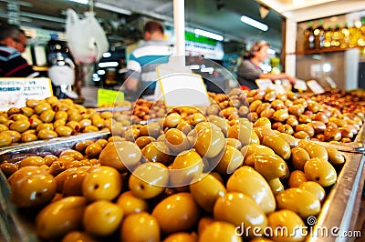 The counter with marinate olives on rural market. Editorial Stock Photo