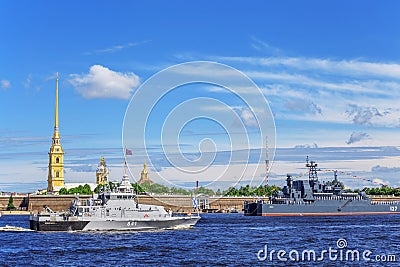 Counter-sabotage boat Suvorovets on rehearsal of the naval parade on the day of the Russian Fleet in St. Petersburg Editorial Stock Photo