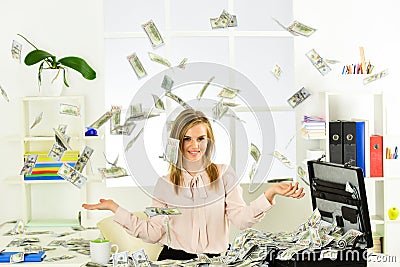 Counterfeit money. dollar currency cash. Wealth and rich. Concept of dirty money. lady business success. successful Stock Photo