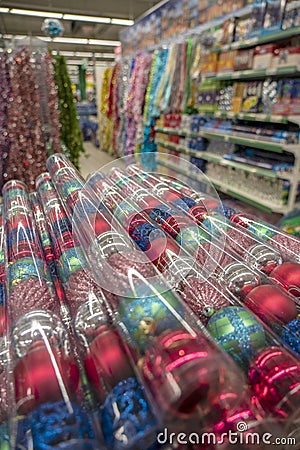 Counters with Christmas decorations in the store Stock Photo