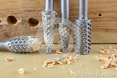 Countersink used in joinery for reaming holes. Joinery accessories on a workshop table Stock Photo