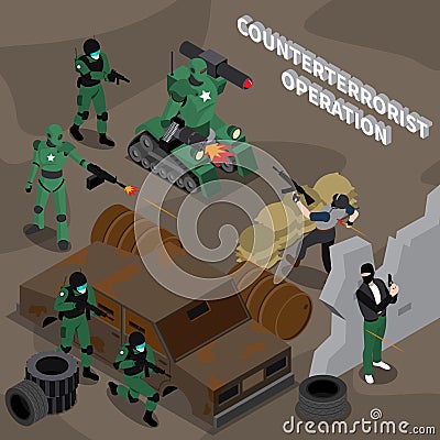 Counterterrorist Operation Isometric Composition Vector Illustration