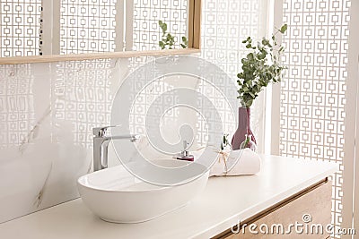 Countertop with sink, toiletries and plant in bathroom Stock Photo