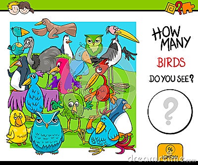 Counting birds educational activity game Vector Illustration