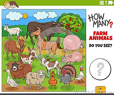 Counting cartoon farm animals educational task Vector Illustration