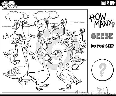 counting cartoon geese birds educational task coloring page Vector Illustration