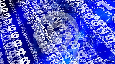 Counting connected lines and random numbers algorithm of numerical code sequence in tech background with blue background, data Stock Photo