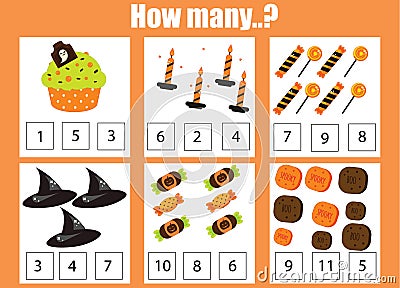 Counting educational children activity. Halloween theme mathematics worksheet Vector Illustration