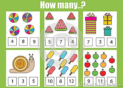 Counting educational children game. How many objects task Vector Illustration