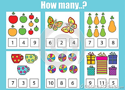 Counting educational children game. How many objects task Vector Illustration
