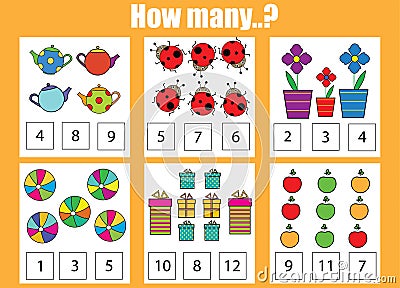 Counting educational children game. How many objects task Vector Illustration