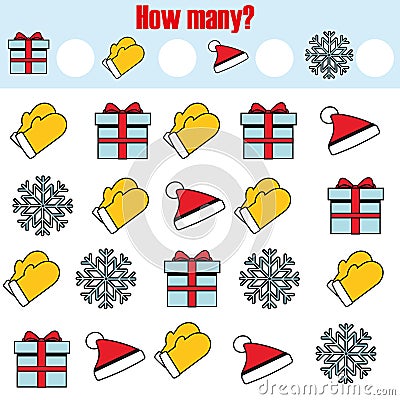 Counting educational children game, kids activity. How many objects task. Christmas, new year winter holidays theme Vector Illustration