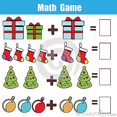 Counting educational children game, kids activity. How many objects task. Christmas, new year winter holidays theme Vector Illustration