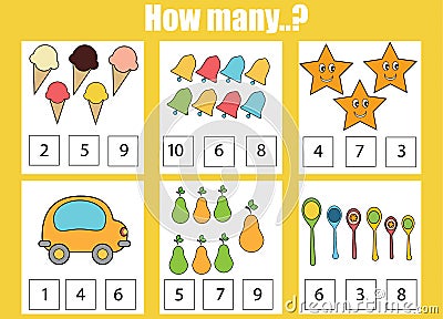 Counting educational children game, kids activity. How many objects task Vector Illustration