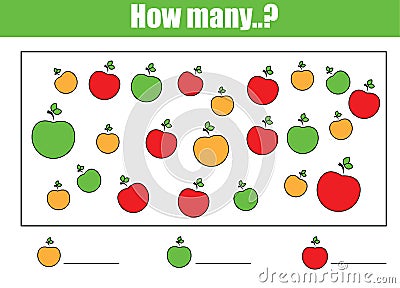 Counting educational children game, kids activity. How many objects task Vector Illustration