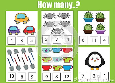 Counting educational children game, kids activity. How many objects task Vector Illustration