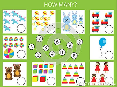 Counting educational children game, kids activity. How many objects task Vector Illustration