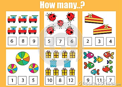 Counting educational children game, kids activity. How many objects task Vector Illustration