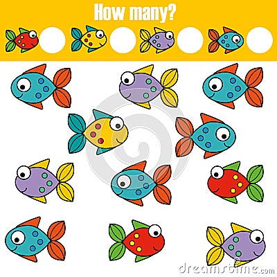 Counting educational children game, kids activity. How many objects task Vector Illustration