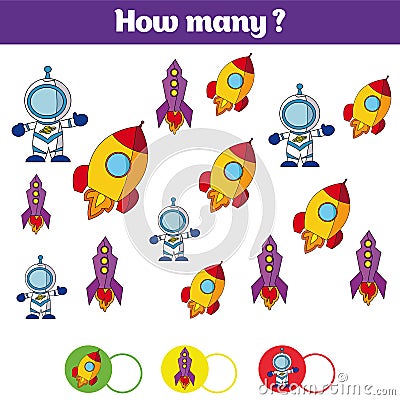 Counting educational children game, kids activity sheet. How many objects task. Learning mathematics, numbers, addition theme cosm Stock Photo