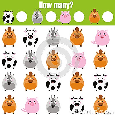 Counting educational children game, kids activity worksheet. How many objects. Learning mathematics Vector Illustration