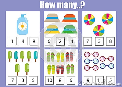 Counting educational children game, kids activity worksheet. How many objects. Learning mathematics Vector Illustration