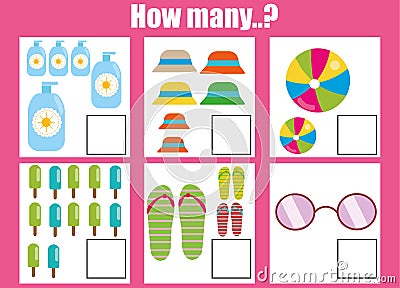 Counting educational children game, kids activity worksheet. How many objects. Learning mathematics Vector Illustration