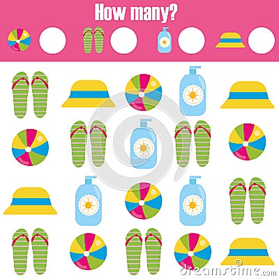 Counting educational children game, kids activity worksheet. How many objects. Learning mathematics Vector Illustration