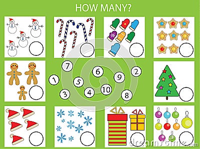 Counting educational children game, kids activity worksheet. How many objects task, christmas theme Vector Illustration