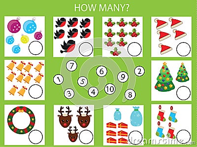 Counting educational children game, kids activity worksheet. How many objects task, christmas, winter holidays theme Vector Illustration